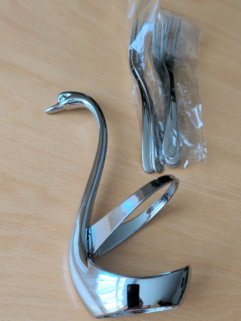 Chrome Swan Napkin & Cutlery Holder With 5 Shrimp Forks